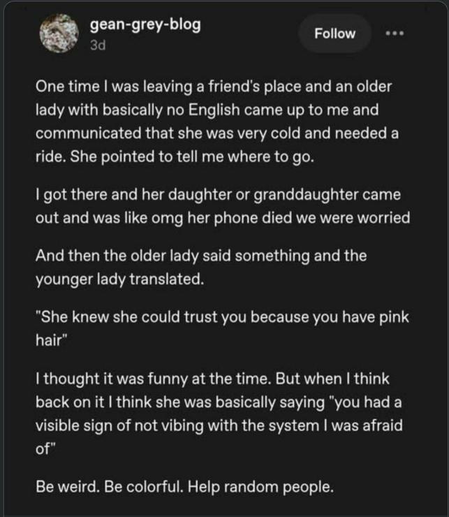 gean-grey-blog, a social media post

"One time I was leaving a friend's place and an older lady with basically no English came up to me and communicated that she was very cold and needed a ride. She pointed to tell me where to go.

I got there and her daughter or granddaughter came out and was like omg her phone died we were worried

And then the older lady said something and the younger lady translated.

"She knew she could trust you because you have pink hair"

I thought it was funny at the time. But when I think back on it I think she was basically saying "you had a visible sign of not vibing with the system I was afraid of"

Be weird. Be colorful. Help random people."