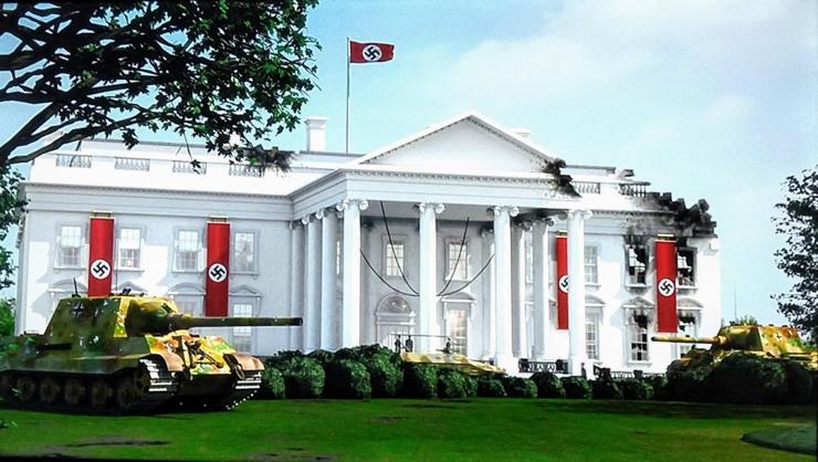 Star Trek Enterprise scene. It's an image of the White House in Washington, DC. Four long and tall Nazi banners in bright red are draped across the front and a Nazi flag on a flagpole flies above the building. A tank is stationed on the front lawn. No caption. RIP Renee Good. RIP Alex Pretti. Fuck ICE. 