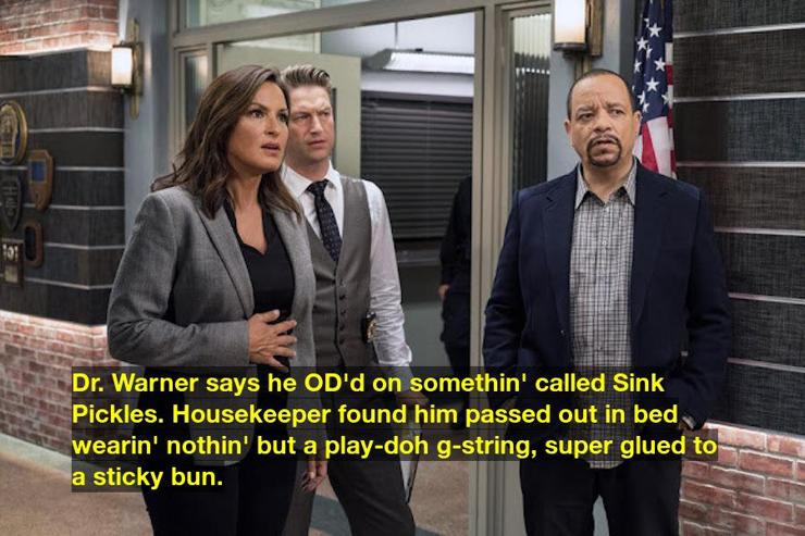 Dr. Warner says he OD'd on somethin' called Sink Pickles. Housekeeper found him passed out in bed wearin' nothin' but a play-doh g-string, super glued to a sticky bun.