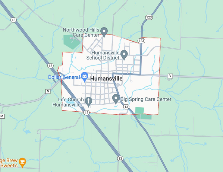 A screenshot of a map showing Humansville, Missouri, USA
