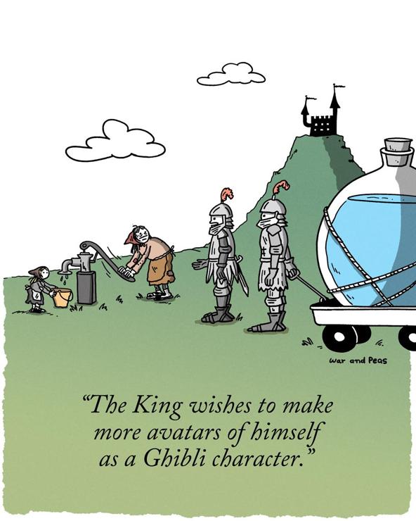 The cartoon illustrates the problem of water use in the AI age: a farmer's child and his mother are pumping a little water from a well for their daily use. Two knights in armor, transporting a large, spherical water container on wheels, come by and say, "The King wishes to make more avatars of himself as a Ghibli character."
In the background, a castle sits enthroned on a hill. The cartoon illustrates the excessive water consumption required for AI model queries.